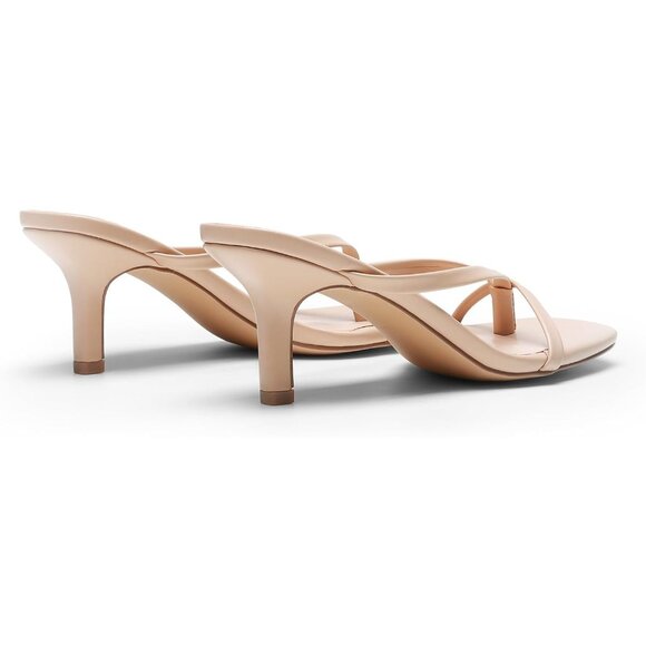 Dream Pairs Women Nude Faux Leather Open Square Toe Thong Heeled Sandals - Picture 3 of 7